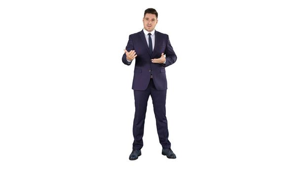 Handsome businessman looking in camera and talking on white back - Foto, Imagen