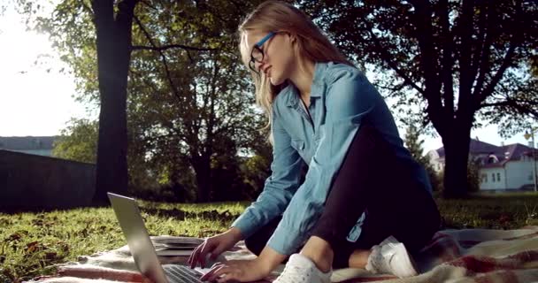 Cheerful woman browsing internet on laptop at park - Footage, Video