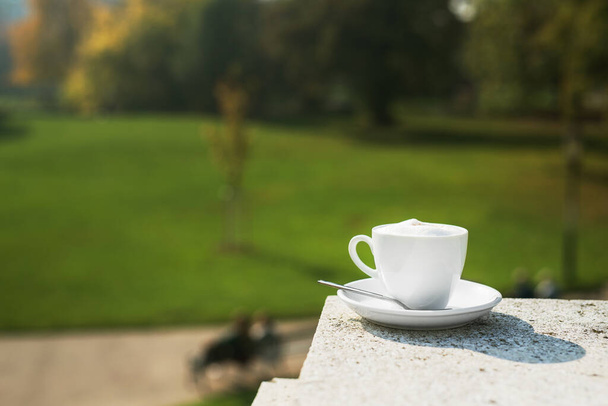 Yeşil parkta köpüklü beyaz kahve fincanı, güneşli bir gün. - Fotoğraf, Görsel
