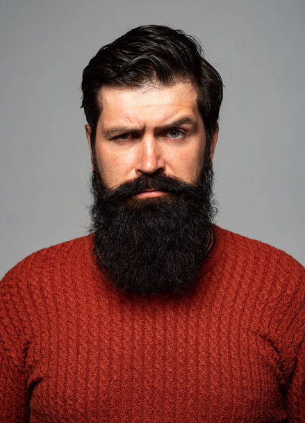 Serious man has beard and mustache. Hipster guy models in studio. - Foto, Imagem