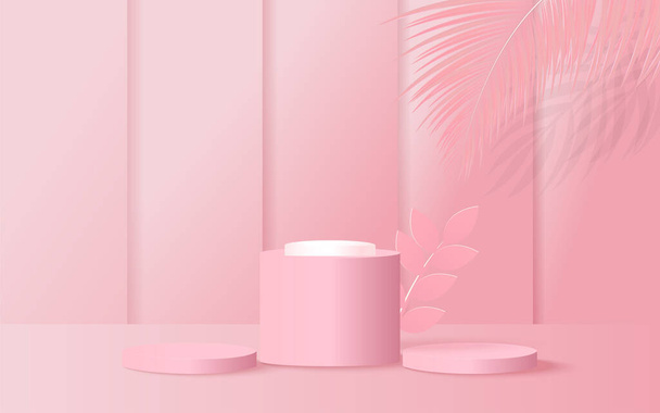 Minimalna scena z formami geometrycznymi. podium cylindryczne w różowym tle z liśćmi. scena pokazać produkt kosmetyczny, showcase. Ilustracja 3D - Wektor, obraz