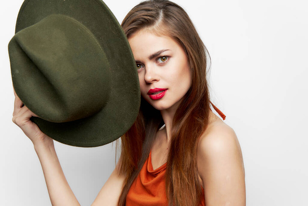 Woman with hat Charming look luxury model red lips  - Foto, imagen