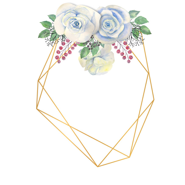 Λουλούδια μπλε τριαντάφυλλο, πράσινα φύλλα, μούρα σε χρυσό πολυγωνικό πλαίσιο. Έννοια γάμου με λουλούδια. Υδατοχρωματικές συνθέσεις για τη διακόσμηση ευχετήριων καρτών ή προσκλήσεων - Φωτογραφία, εικόνα