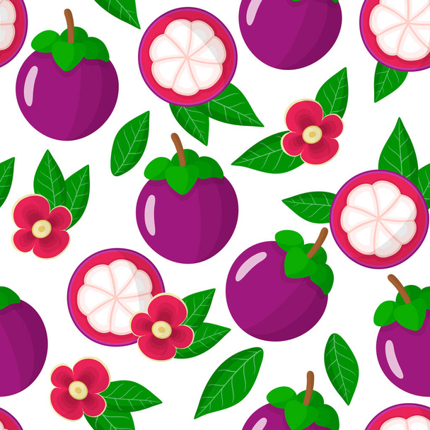 Vector cartoon seamless pattern with Garcinia mangostana or purple Mangosteen exotic fruits, flowers and leafs on white background for web, print, cloth texture or wallpaper - Vektori, kuva