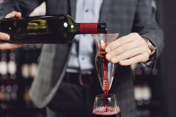 Şarap garsonu kırmızı şarabı şişe sürahi bardağına dolduruyor. - Fotoğraf, Görsel
