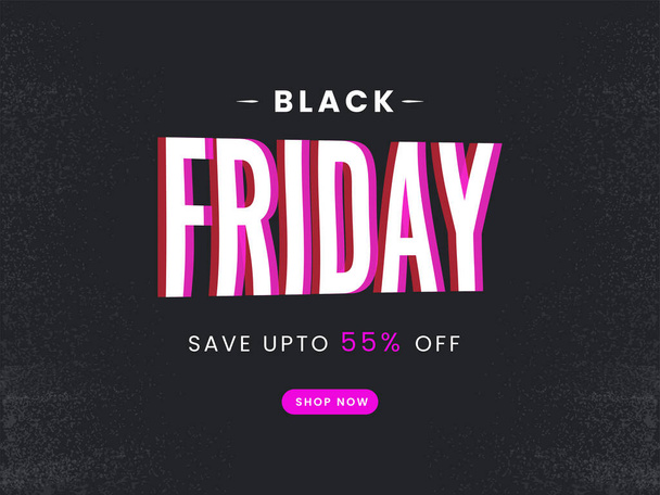 Black Friday Sale Poster Design with 55% Discount Offer on Dark Grey Noise Grunge Background. - Vector, Image