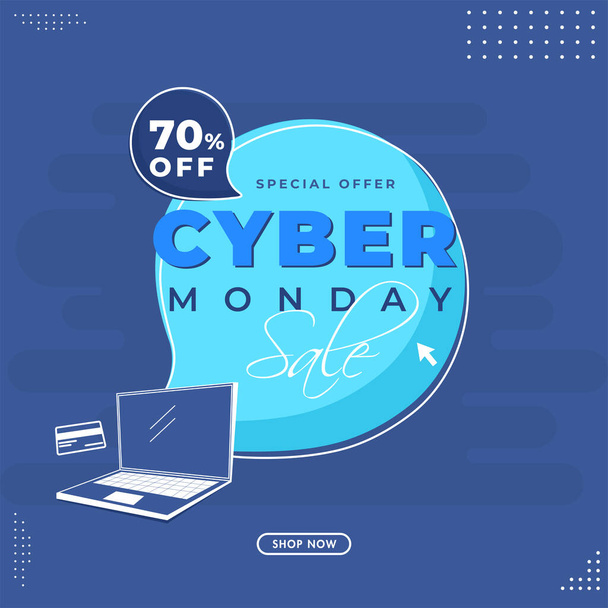 Cyber Monday Sale Poster Design with 70% Discount Offer, Payment Card and Laptop Illustration on Blue Background. - Διάνυσμα, εικόνα