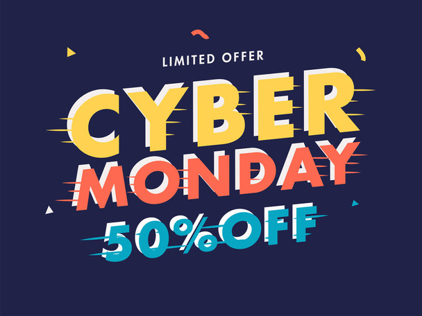 Glitch Style Cyber Monday Text with 50% Discount Offer on Blue Background for Sale. Advertising Poster Design. - ベクター画像