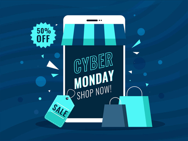 Aplikacja Zakupy online w smartfonie z torbami i 50% zniżki na Cyber Poniedziałek. - Wektor, obraz
