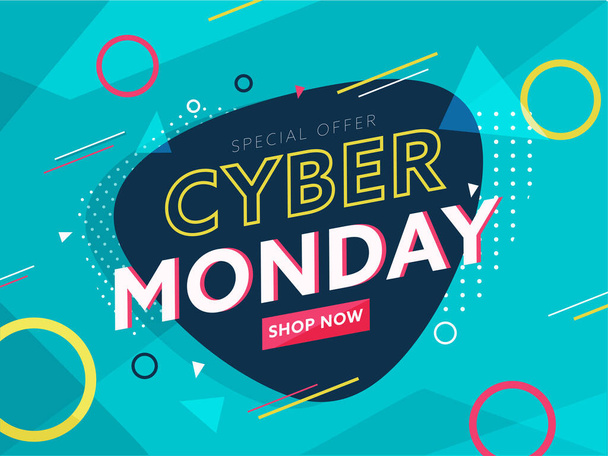 Special Offer Cyber Monday Poster Design with Geometric Elements on Turquoise Background. - Vettoriali, immagini