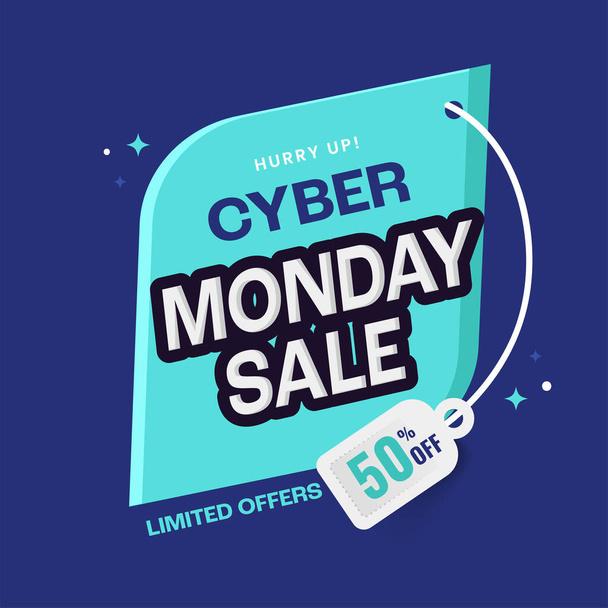 Cyber Monday Sale Label, Poster Design with 50% Discount Tag on Blue Background for Advertising. - Vector, Image