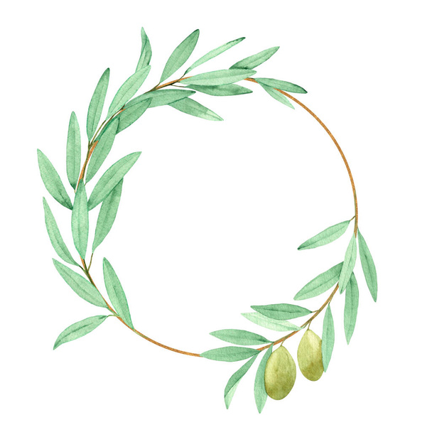 Watercolor frame of olive branches, isolated on a white background. Wedding decor, invitations, greetings. - Foto, afbeelding