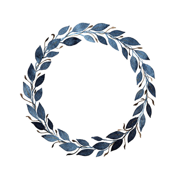 Branches de couronnes de laurier aquarelle faites à la main avec des feuilles bleues et brunes isolées sur un fond blanc. - Photo, image