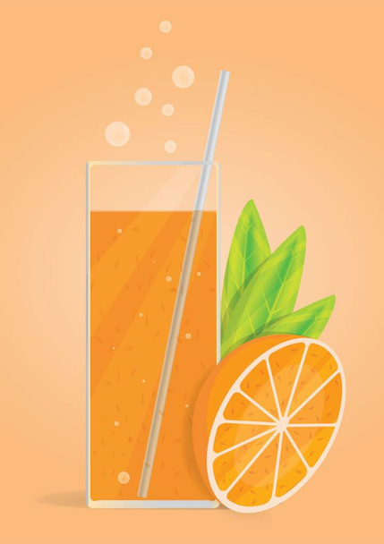 Bicchiere di succo d'arancia e arancia fresca su sfondo arancione morbido, design vettoriale. - Vettoriali, immagini