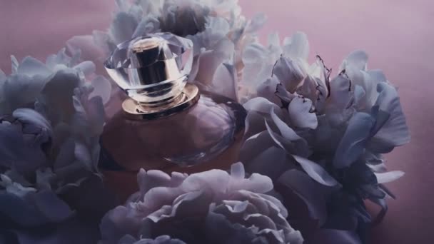 Frasco de perfume púrpura con flores de peonía, aroma de fragancia elegante como cosmético de lujo, fondo de productos de moda y belleza - Metraje, vídeo