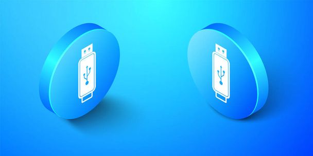 Isometrische USB flash drive icoon geïsoleerd op blauwe achtergrond. Blauwe cirkel knop. Vector. - Vector, afbeelding