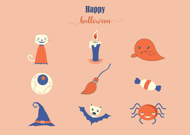 Set di personaggi per Halloween in stile cartone animato, elementi, carino, fantasma, Illustrazione vettoriale. - Vettoriali, immagini