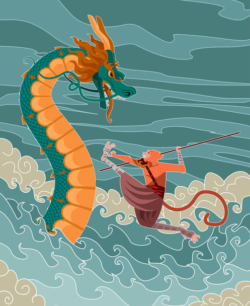 Sun Wukong de aap koning Chinese mythologie krijger verhaal vechten de draak - Vector, afbeelding