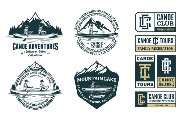 Set aus Vektor-Kanu-Logo, Abzeichen und Designelementen. Konzepte für Wassersport, Erholung und Kanusport - Vektor, Bild