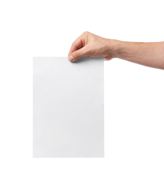 Male hand with blank paper on white background - Foto, Bild