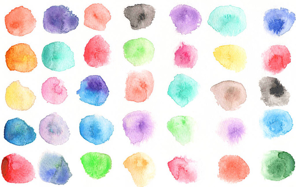 Watercolor, watercolour texture, abstract paint stains beautiful background polka dot on a white background, round spots of paint, multicolored purple blue lilac green brown beige red. - Photo, Image
