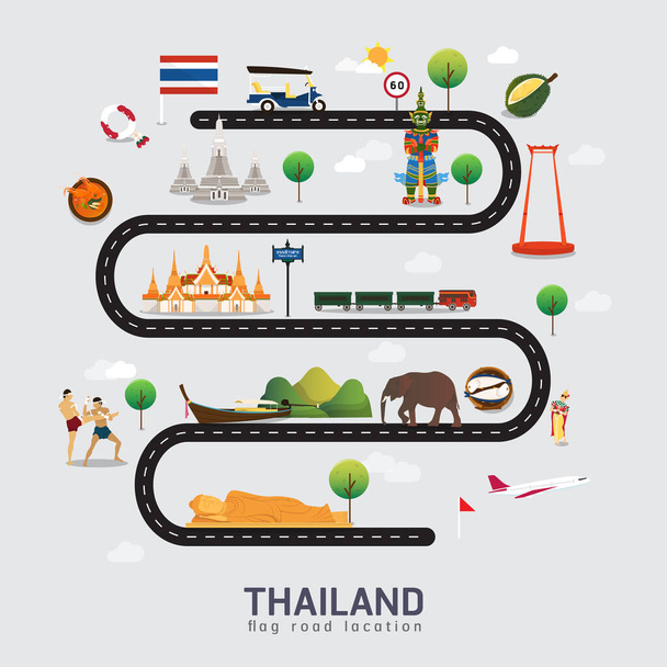 Hoja de ruta y ruta de viaje en Tailandia  - Vector, Imagen