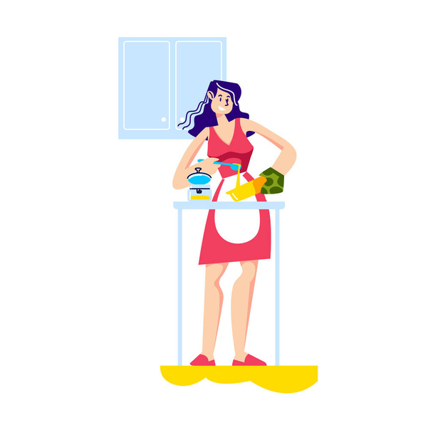 Nuori nainen keittiössä kokkaamassa päivälliseksi. Söpö sarjakuva naisten ruoanlaitto - Vektori, kuva