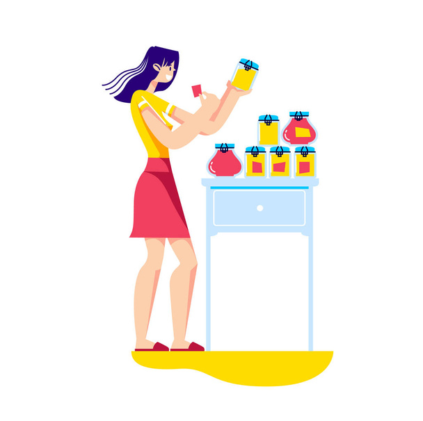 Woman holding jars of homemade jam fresh and delicious putting stickers on product - Vector, Image