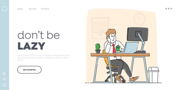 Overwork Tired Worker Character Burnout, Tiredness Fatigue Landing Page Template. Overload Businessman with Low Energy Power and Coffee Cup Working on Computer in Office. Linear Vector Illustration - Vector, Image