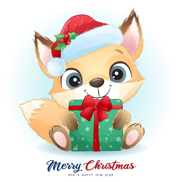 Cute doodle foxy for Christmas day with watercolor illustration - Вектор,изображение