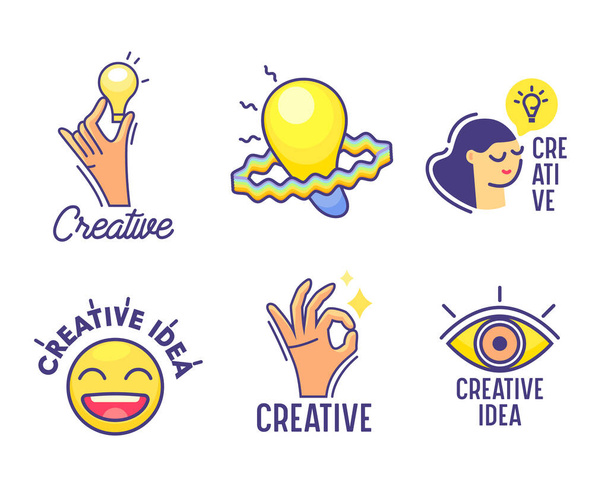 Набор иконок мультфильма "Творческая идея". Рука держа светящаяся лампочка, вдумчивая женщина лицо и лампа, открытый глаз - Вектор,изображение