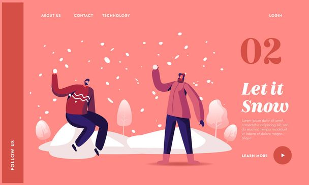 Winter Season Outdoor Leisure and Activities Landing Page Template. Woman and Man Characters Playing Snowballs on Street - Vector, Image