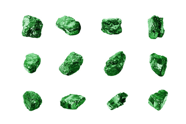 Green gem stones nuggets set white background isolated close up, raw emerald gemstones collection, group of shiny precious rocks, rough brilliant crystals, natural mineral samples, jewelry production - Photo, Image