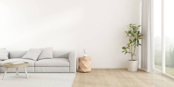 3D vykreslení moderního obývacího pokoje s pohovkou na dřevěné podlaze, prázdná stěna s velkým oknem na přírodním pozadí. - Fotografie, Obrázek