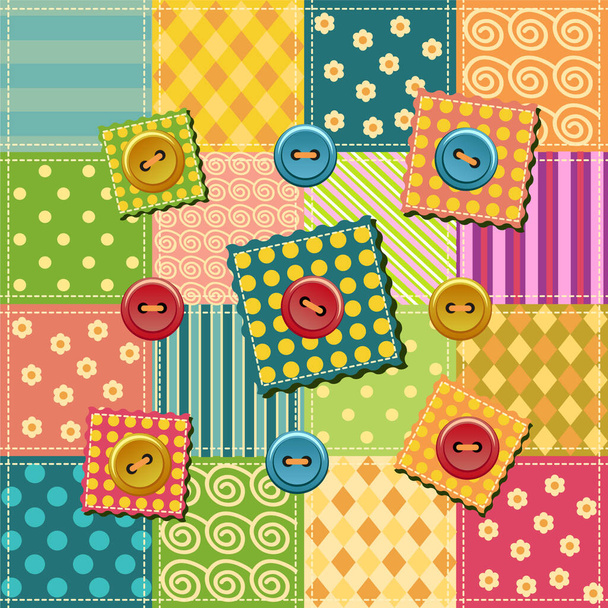 The colored ornament with buttons looks like a blanket made of pieces of fabric. Nice yellow circles, green, good with it in winter. yellow and crimson. Quilted retro plaid. - Vector, Image