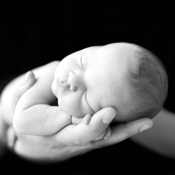 Vastasyntynyt tyttö tai poika nukkuu vanhemman kädessä. Vastasyntyneiden hoito. Musta ja valkoinen. Nukkuva lapsi mustalla taustalla. - Valokuva, kuva
