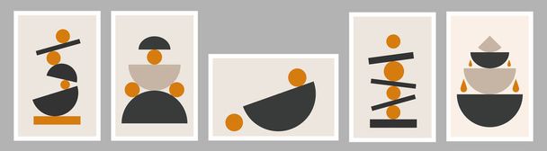 Abstraktní minimalistická ručně kreslená ilustrace. Obrazce stojící na hromadě a balancující. Minimalistický plakát s akvarelovou strukturou. Půlkruh, kruhové tvary. Svislý plakát s abstraktními tvary - Vektor, obrázek