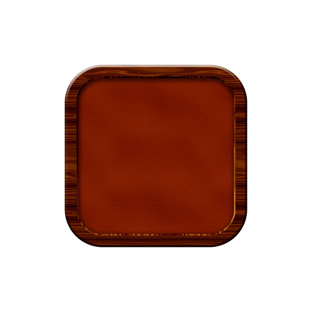 Leather badge with wooden border in form of rounded square.Isolated on white background. - 写真・画像