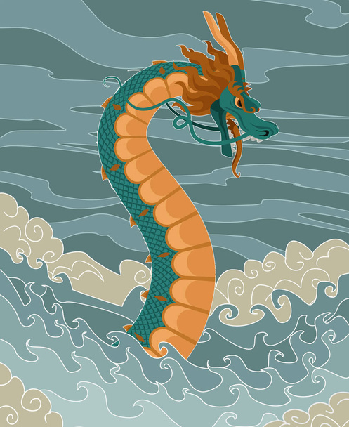 oude Chinese draak in de zee - Vector, afbeelding