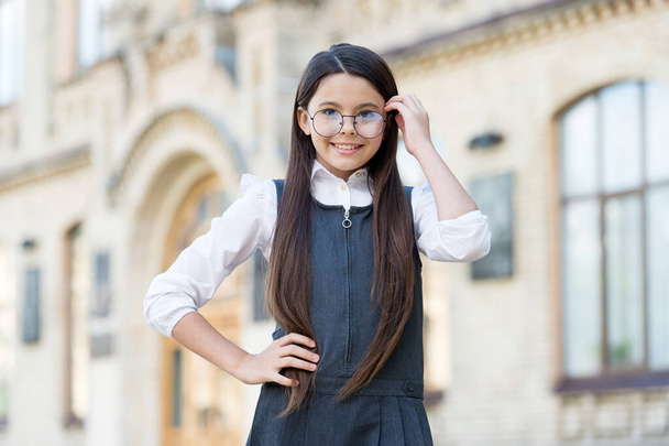 Happy kid wear glasses and formal uniform dress on September 1, school education - Zdjęcie, obraz