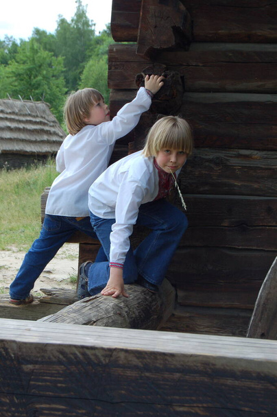 Portrait d'enfants garçons frères jouant ensemble dans des chemises brodées ukrainiennes dans la nature - Photo, image