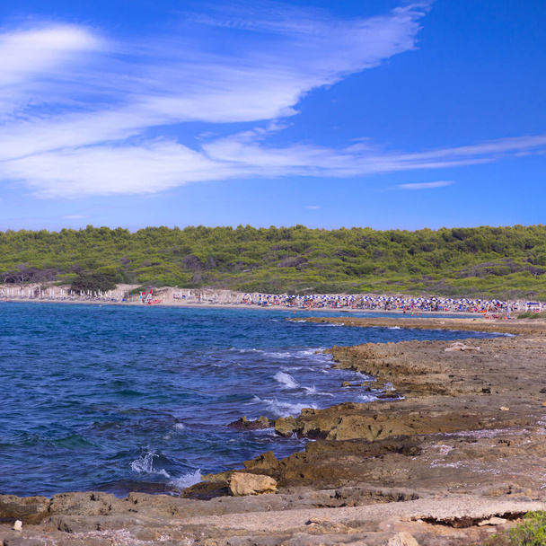 Skaliste wybrzeże, piaszczysta plaża i morze, plaża Punta Pizzo wyróżnia się w sercu Regionalnego Parku Przyrody Isola di SantAndrea - Litorale di Punta Pizzoin Salento (Apulia, Włochy). - Zdjęcie, obraz