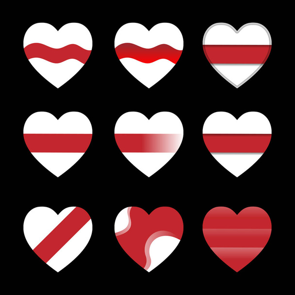 Fehér és vörös szívek. Fehéroroszország forradalmi szimbólumok. Vektor dekoratív elemek poszterekhez, transzparensekhez, matricákhoz - Vektor, kép