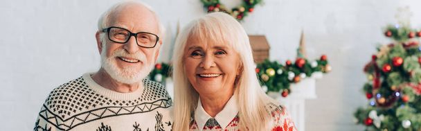 iloinen vanhempi pari katselee kameraa joulukuusi taustalla, panoraama käsite - Valokuva, kuva