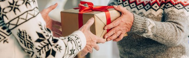 cropped view of senior man presenting christmas gift to wife, panoramic crop - Fotografie, Obrázek
