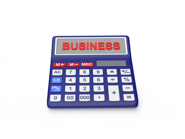 Calculadora con la palabra negocio en la pantalla aislada en blanco. Ilustración 3D - Foto, Imagen