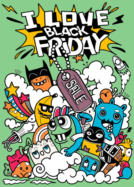 Black Friday sale hand drawn vector concept illustration.Black Friday sale hand lettering and doodles elements and symbols background. Vector hand drawn illustration - Vector, Image