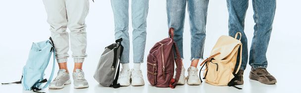 Panoramic crop of teenagers standing near backpacks on grey background - Photo, Image