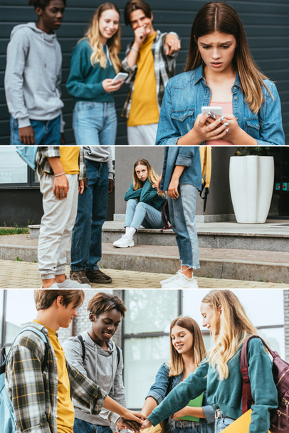 Collage de chica triste sosteniendo teléfono inteligente cerca de adolescentes y amigos tomados de la mano al aire libre  - Foto, imagen