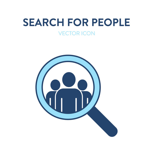 People search icon. Vector colorful illustration of a magnifier tool with group of people in it. Represents concept of searching for the team, cooperation, teamwork - Vector, Image